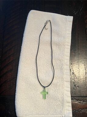 Green Cross Pendant Necklace on Black Cord - Unbranded